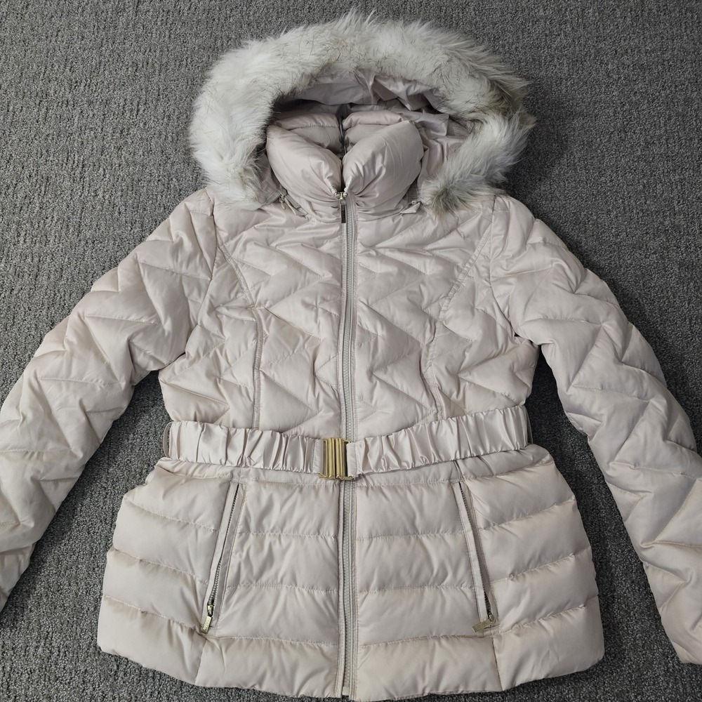 Laundry Shelli Segal Down Puffer Coat Faux Fur Hood Belted Champagne Winter